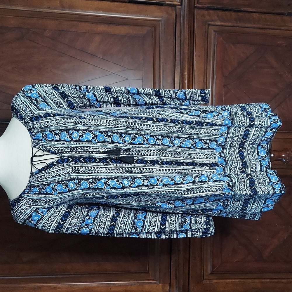 Express L/S Boho Tunic Dress - blue/black/white - size S